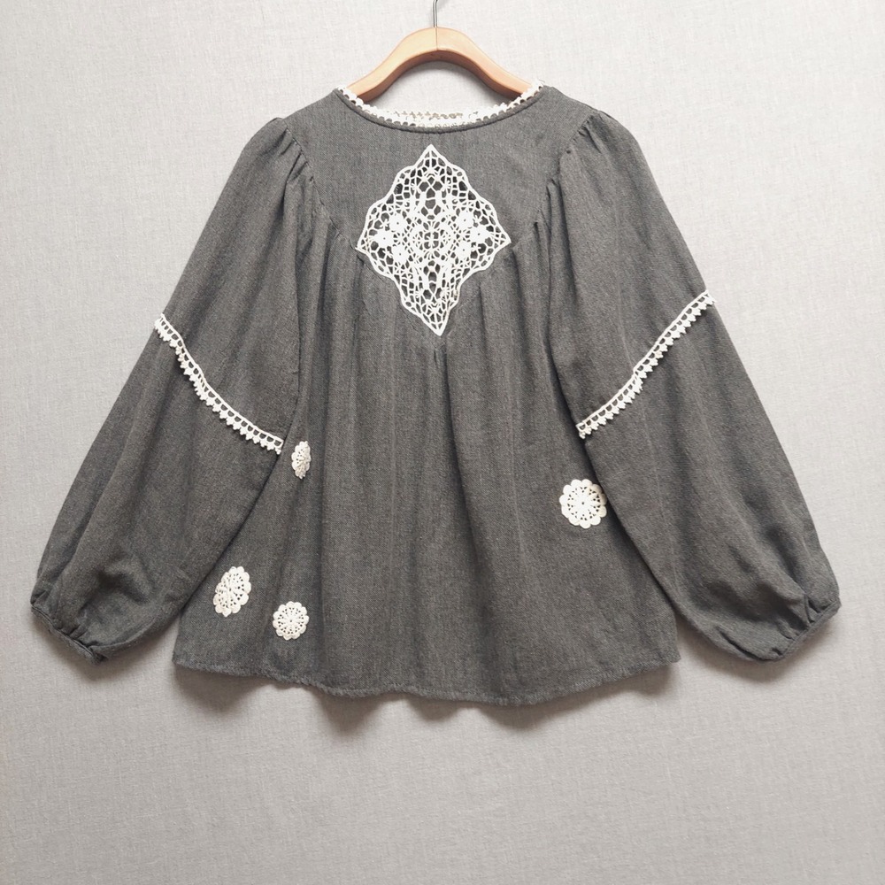 Zara Basic Peasant Top Womens S Gray Embroidered Boho Goth Whimsigoth Crochet